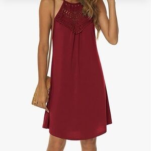 SWEETNIGHT Red Halter Dress with Crochet Lace Accent